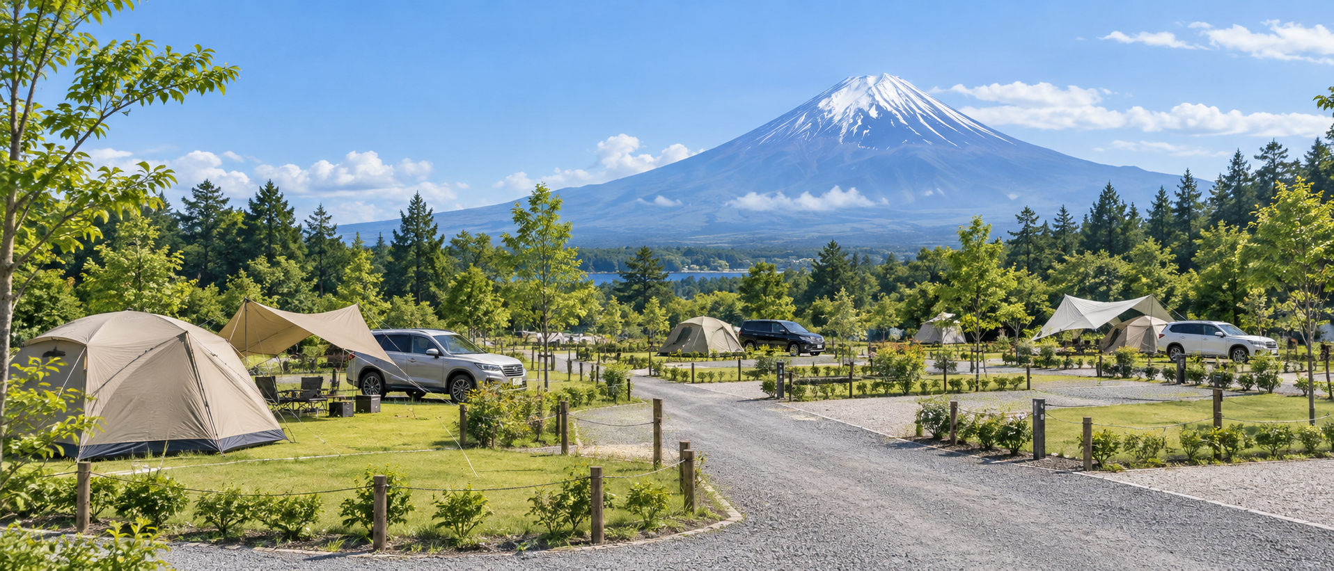 富士山を背景に綺麗に整備されたオートキャンプ場の区画サイト風景