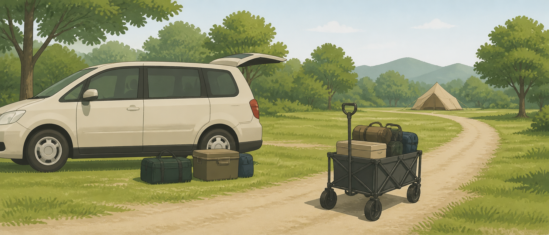 車の脇に置いた荷物と、離れたテントへ続く道のキャリーワゴン