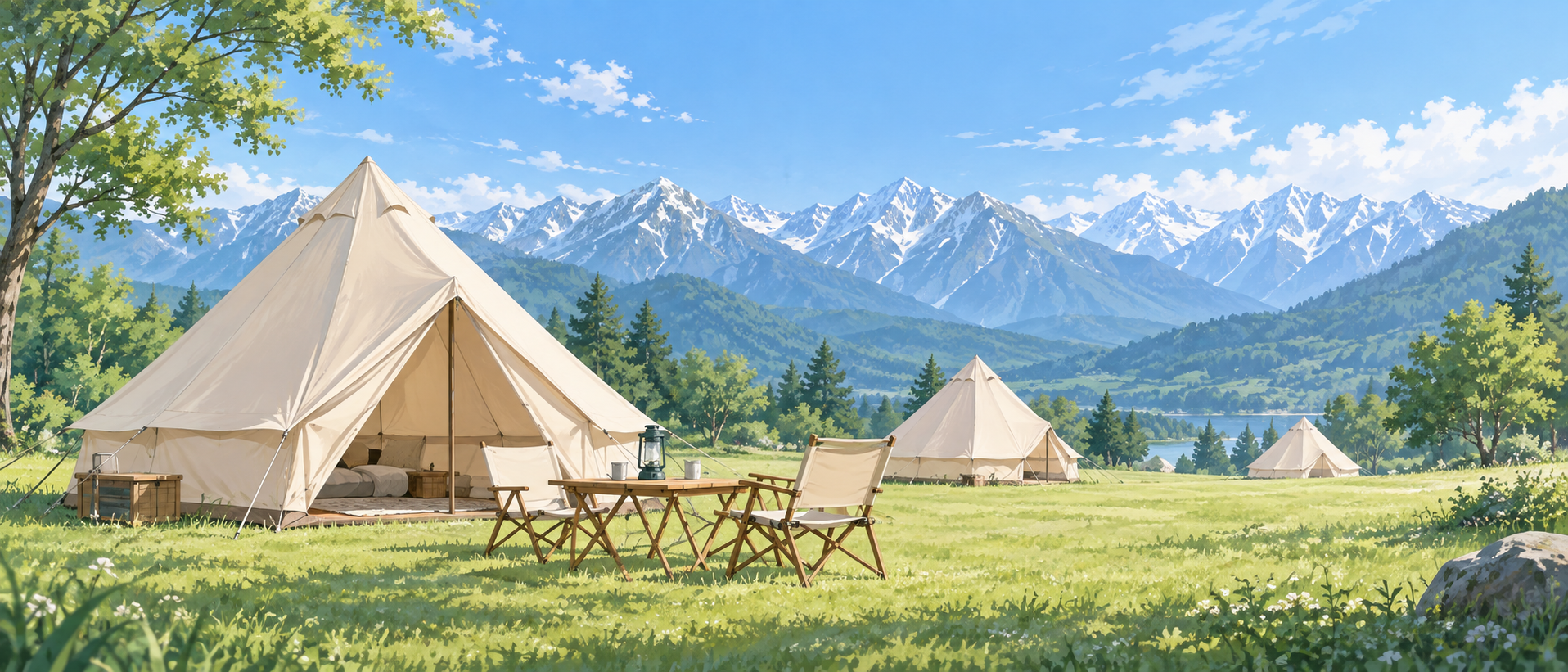 青空と北アルプスの山々を背景に、広々とした芝生に設置されたコットンテントと木製テーブルセットの静物構図