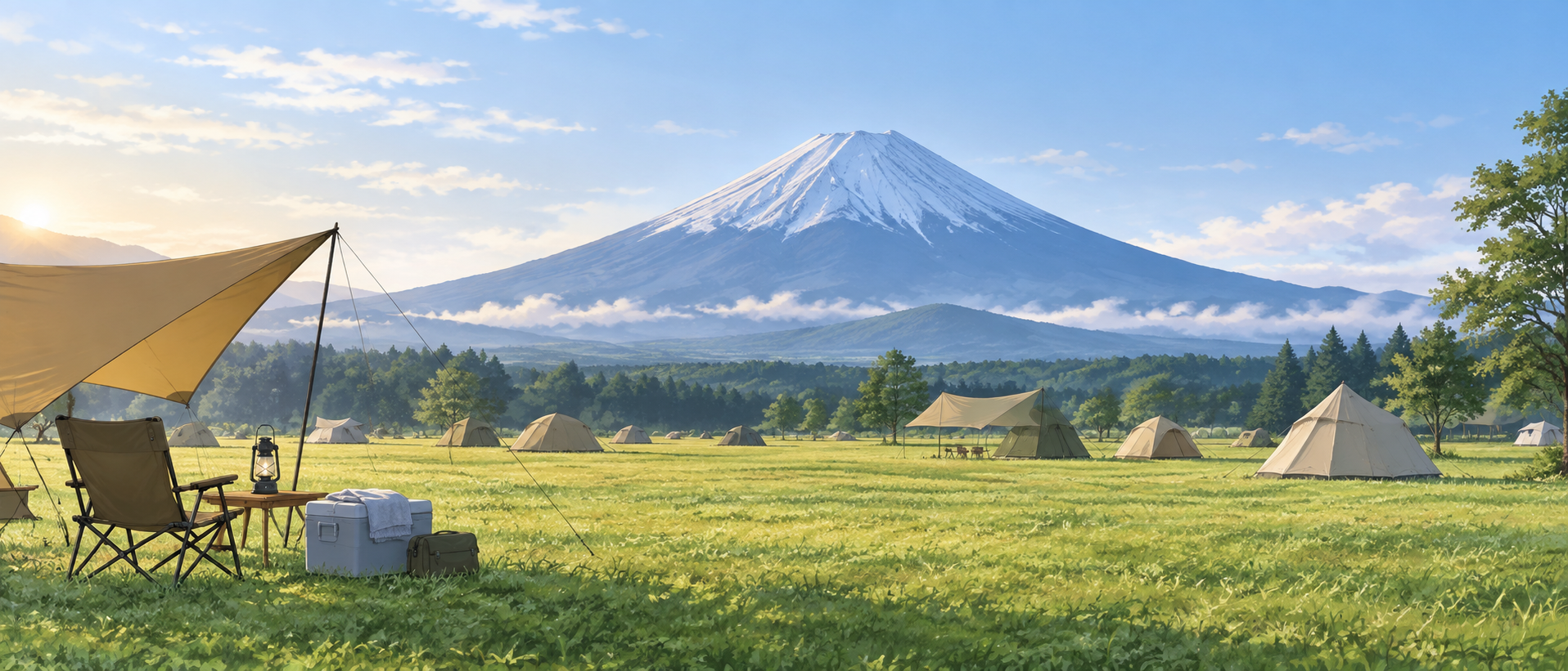 ふもとっぱらから見える雄大な富士山とテントサイトの風景