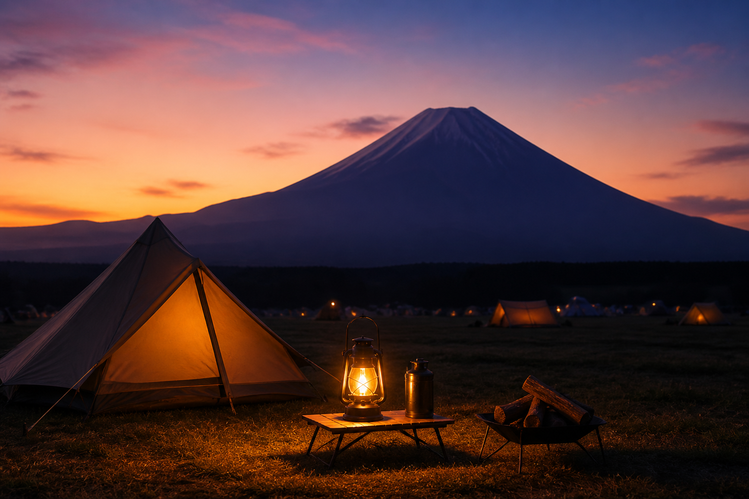 夕暮れ時のふもとっぱらキャンプ場、ランタンの灯りと富士山のシルエット