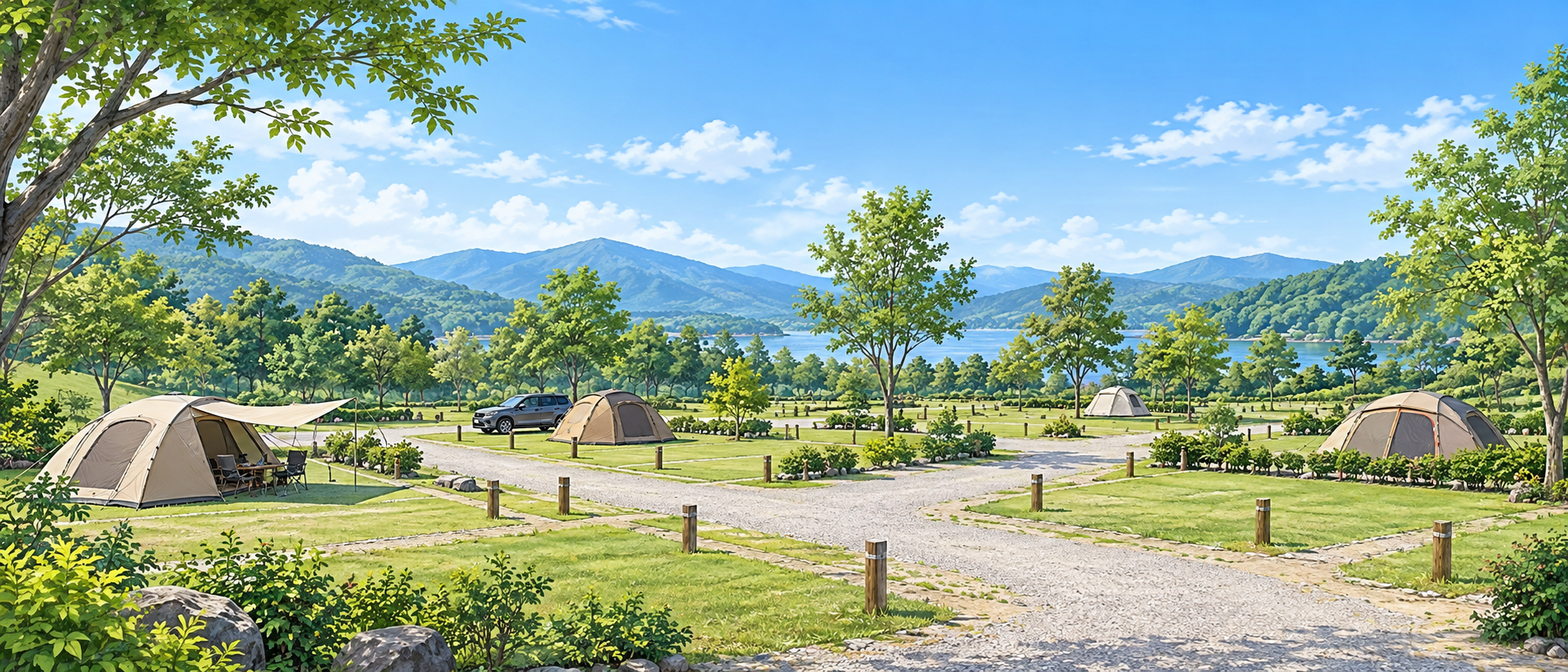 青空の下に広がる緑豊かなキャンプサイトと整えられた区画