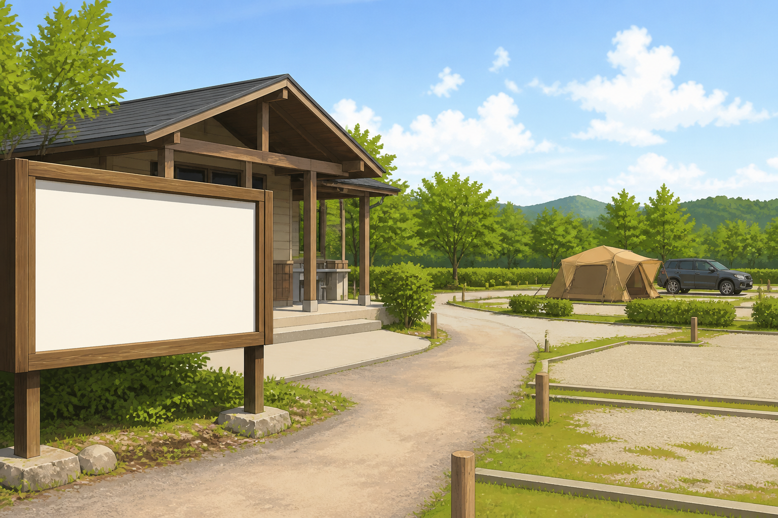 管理棟の前に設置されたわかりやすい案内板と整備されたオートキャンプの区画