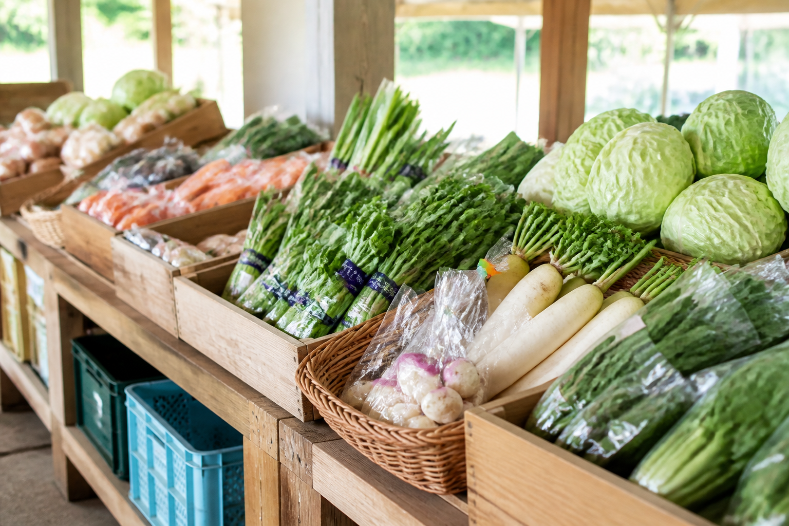 キャンプの行き帰りに立ち寄れる地元の野菜が並ぶ市場の風景