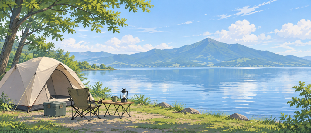 猪苗代湖畔に設営されたテントと穏やかな湖面の風景