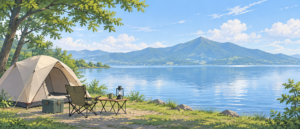 猪苗代湖畔に設営されたテントと穏やかな湖面の風景