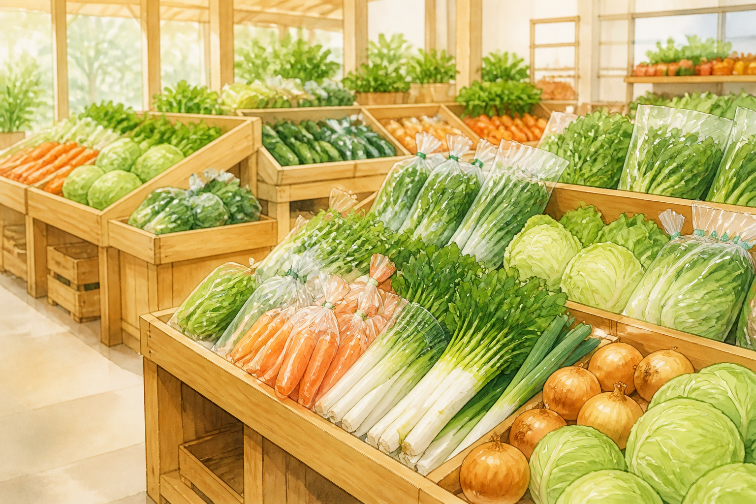 キャンプの帰りに立ち寄る道の駅の新鮮な野菜直売所の様子