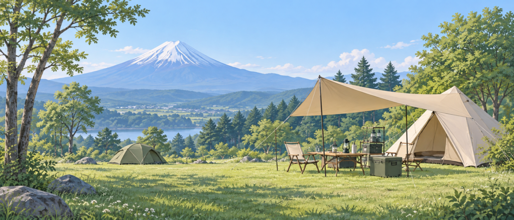 富士山を背景にした自然豊かなテントサイトの風景