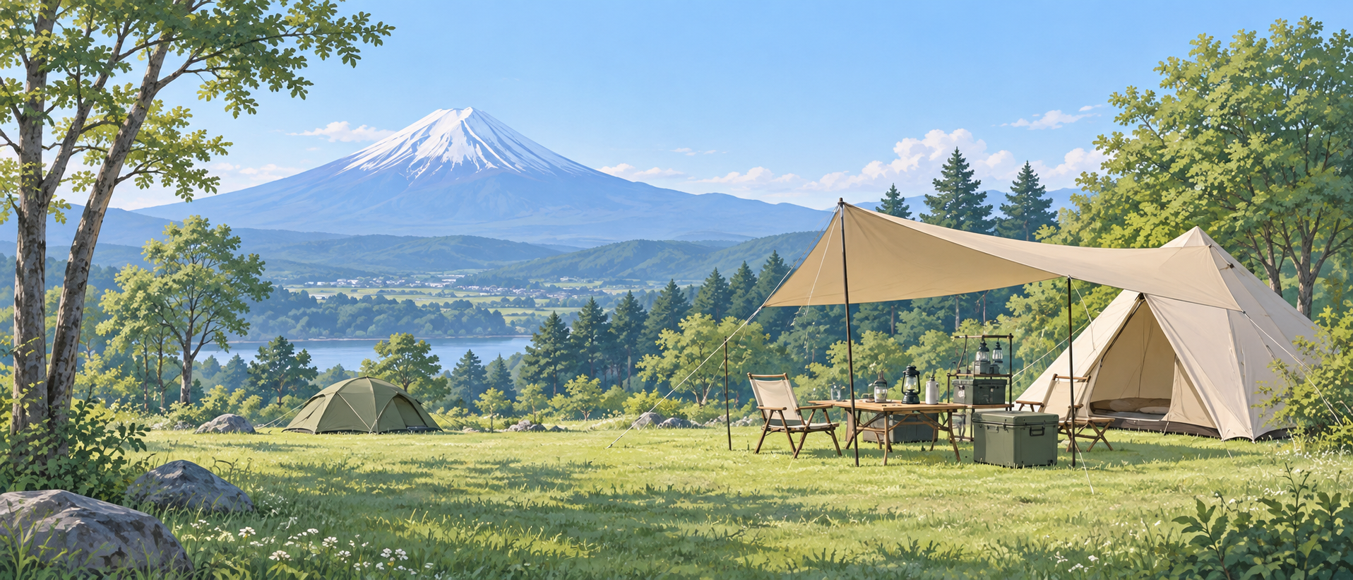 富士山を背景にした自然豊かなテントサイトの風景