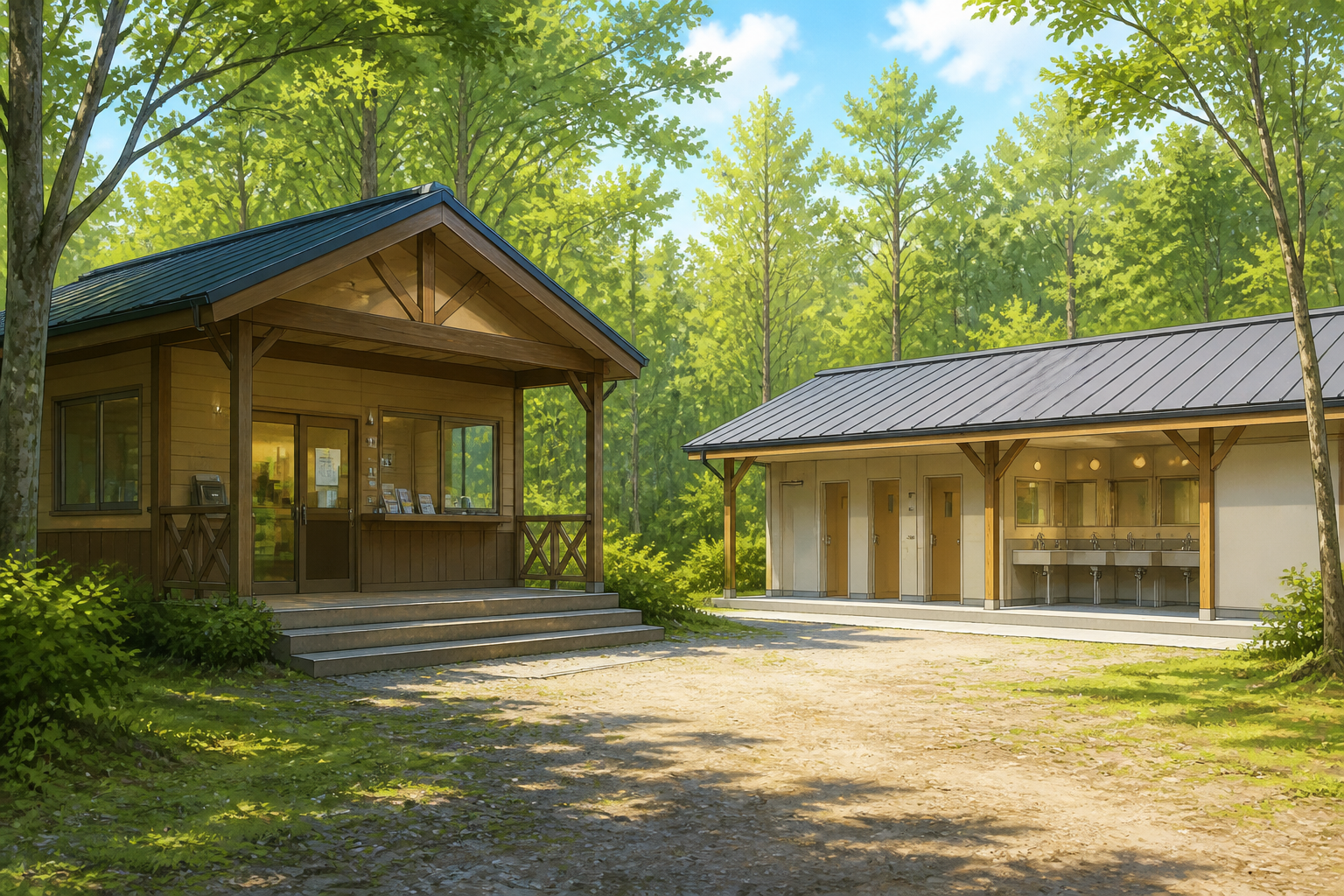 キャンプ場の管理棟と綺麗に整備されたサニタリー棟の様子