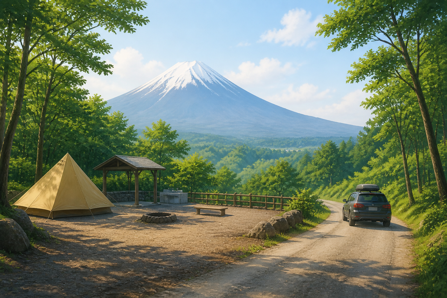 綺麗に片付けられたキャンプサイトと、満足そうに帰路につく車の風景