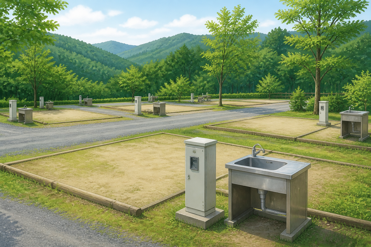 区画整理された平坦なオートキャンプサイトと、電源ボックスや専用の水道流し台が備え付けられている様子