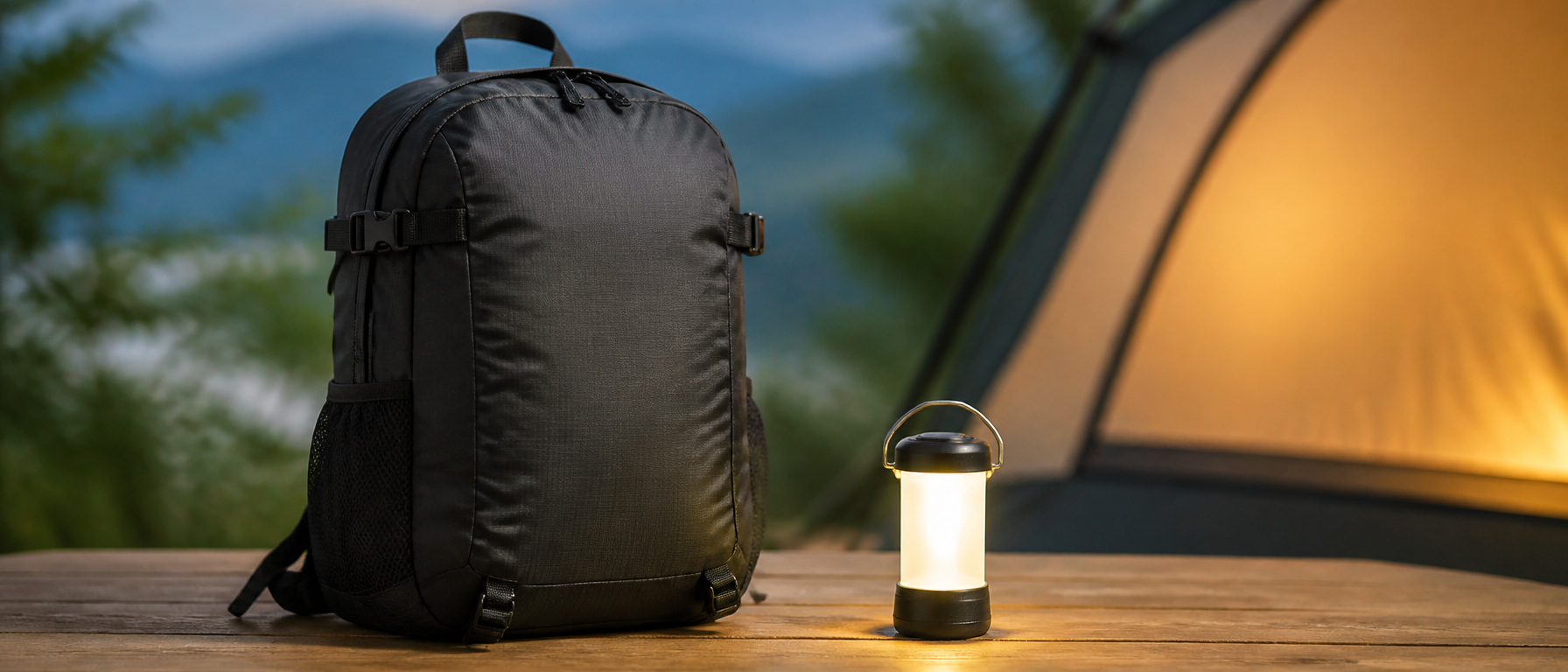 必要最低限の荷物にまとめられたパッキング済みのバックパックと小型照明