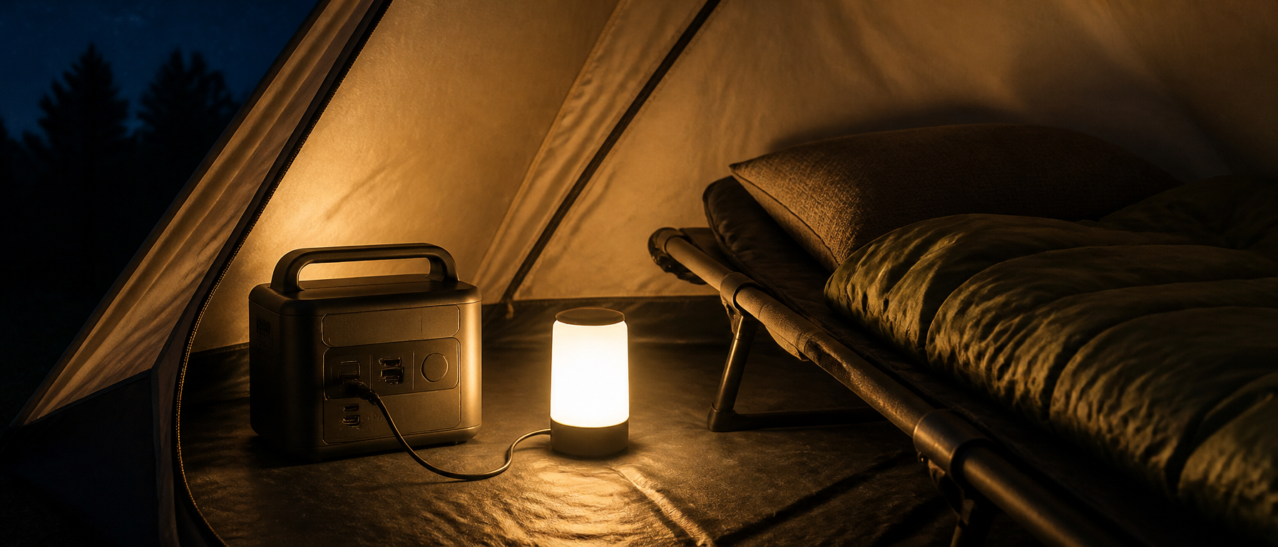 夜のソロキャンプで、ポータブル電源から電源を取った小さなLEDライトがテント内を温かく照らしている様子